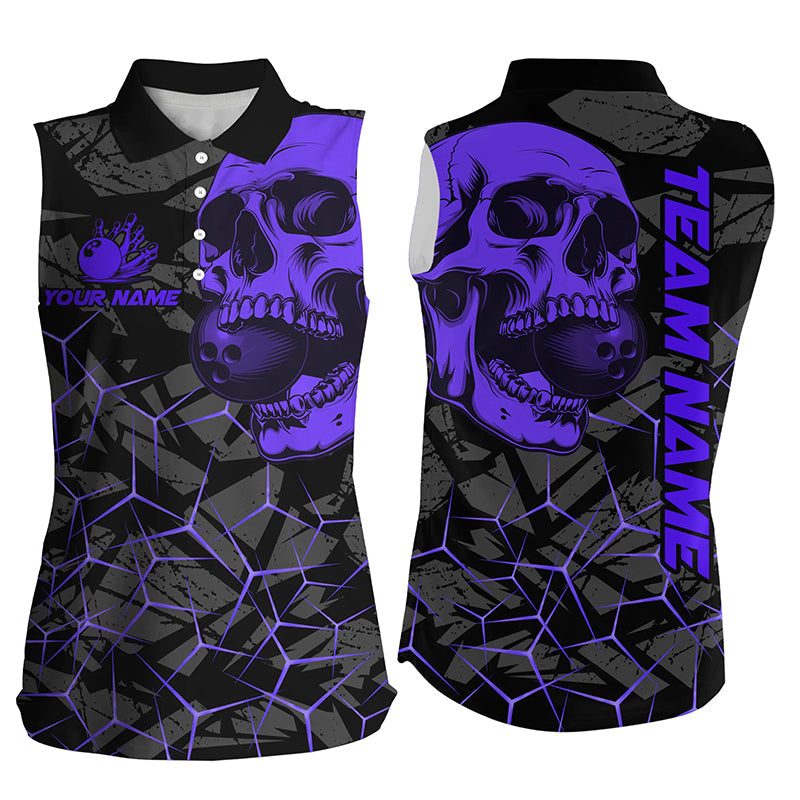 Black Skull camo bowling Sleeveless Polo shirts custom bowling team jerseys | Purple NQS8074