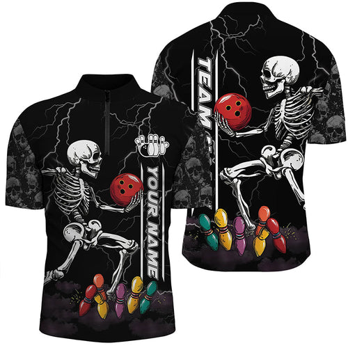 Funny Skull Bowling Mens Polo, Quarter Zip Shirts Custom lightning storm Bowling Team Jerseys | Black NQS8287