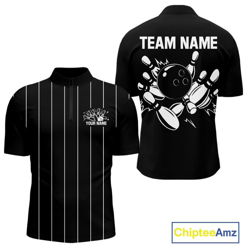 Black and White Plaid Bowling Polo, Quarter Zip shirts For Men Custom Bowling Team Uniform Jersey NQS10891