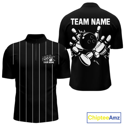 Black and White Plaid Bowling Polo, Quarter Zip shirts For Men Custom Bowling Team Uniform Jersey NQS10891