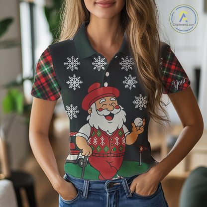Funny Santa Golf Christmas plaid pattern polo golf shirts for women custom team ladies golf outfit NQS11077