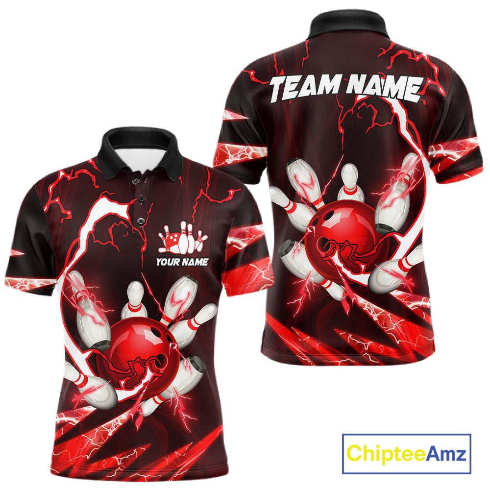 Red Thunder Lightning bowling ball and pins jerseys Custom Team Bowling Polo, 1/4 Zip Shirts For Men NQS11281