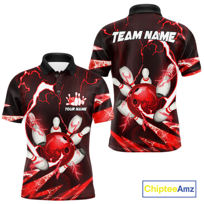 Red Thunder Lightning bowling ball and pins jerseys Custom Team Bowling Polo, 1/4 Zip Shirts For Men NQS11281