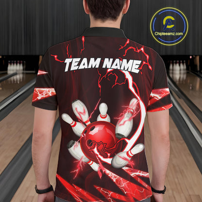 Red Thunder Lightning bowling ball and pins jerseys Custom Team Bowling Polo, 1/4 Zip Shirts For Men NQS11281