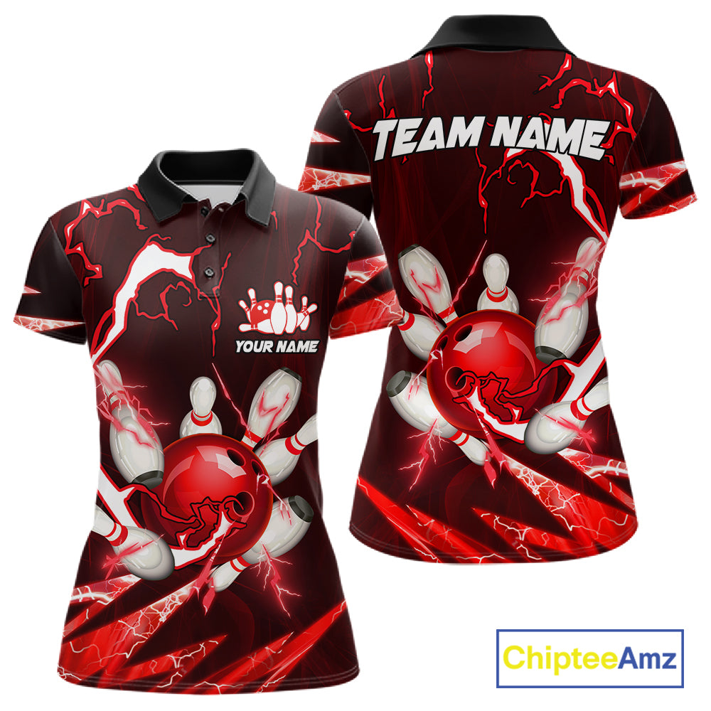 Red Thunder Lightning bowling ball and pins jersey Custom Team Bowling Polo, 1/4 Zip Shirt For Women NQS11281