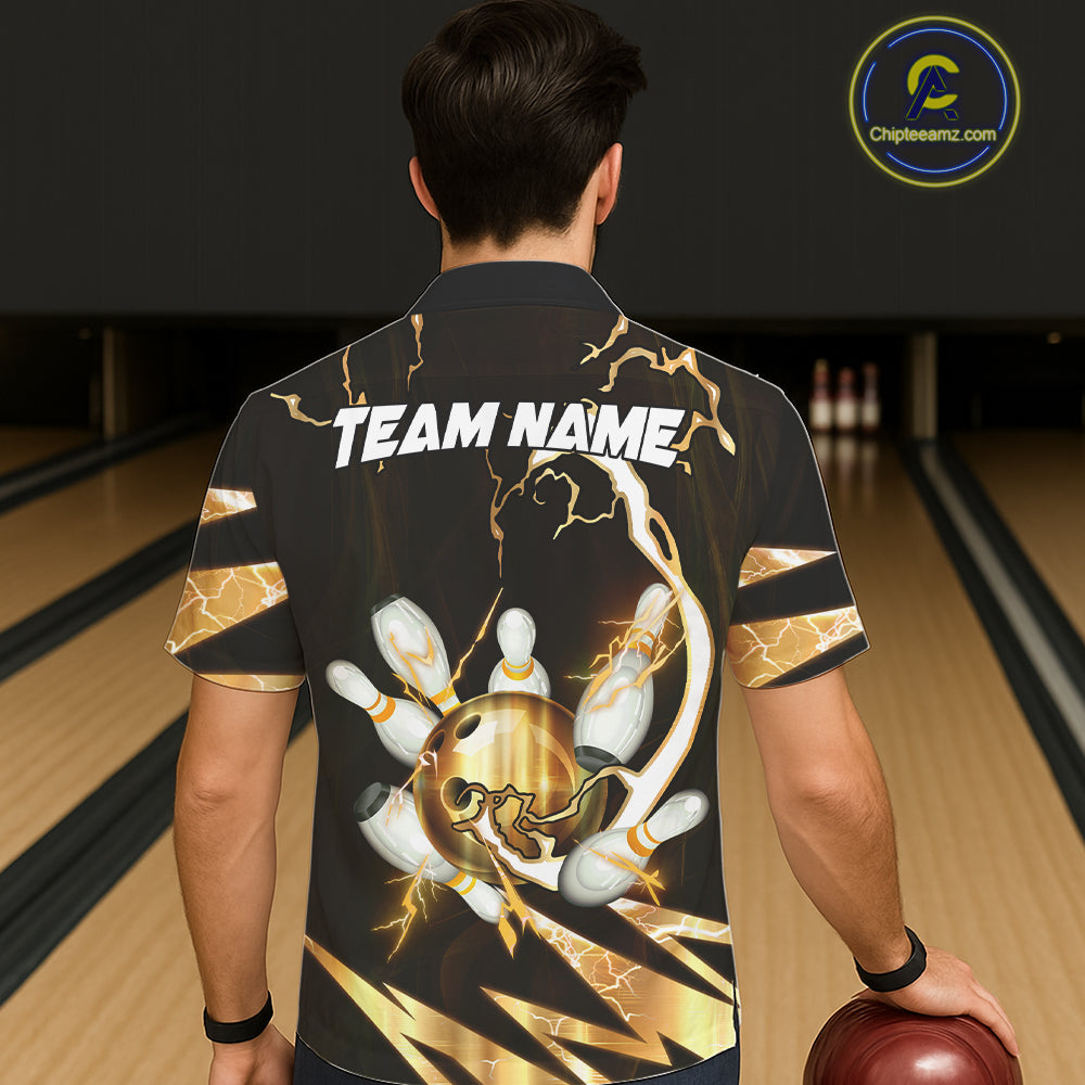 Gold Thunder Lightning bowling ball and pins jersey Custom Team Bowling Hawaiian Shirt NQS11282