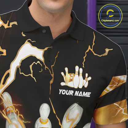 Gold Thunder Lightning bowling ball and pins jerseys Custom Team Bowling Polo, 1/4 Zip Shirts For Men NQS11282