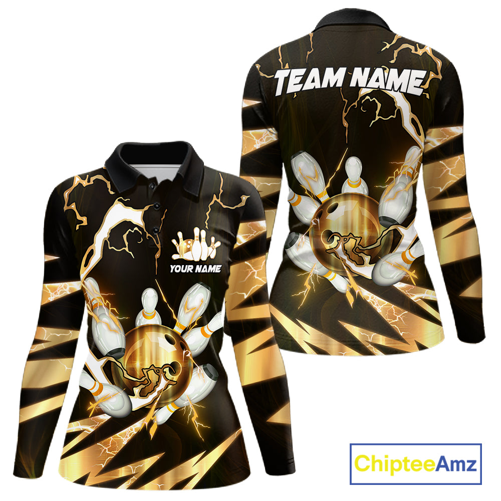 Gold Thunder Lightning bowling ball and pins jersey Custom Team Bowling Polo, 1/4 Zip Shirt For Women NQS11282