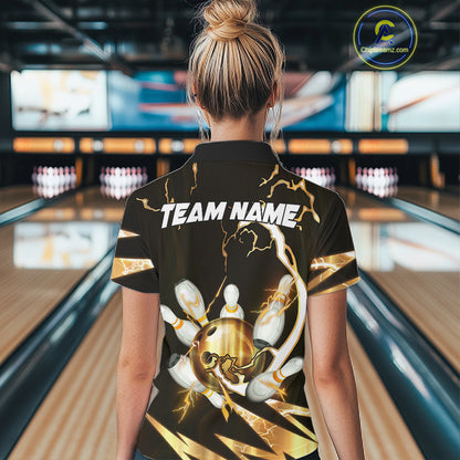 Gold Thunder Lightning bowling ball and pins jersey Custom Team Bowling Polo, 1/4 Zip Shirt For Women NQS11282