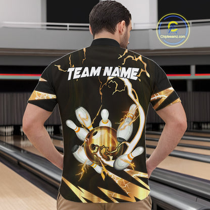 Gold Thunder Lightning bowling ball and pins jerseys Custom Team Bowling Polo, 1/4 Zip Shirts For Men NQS11282
