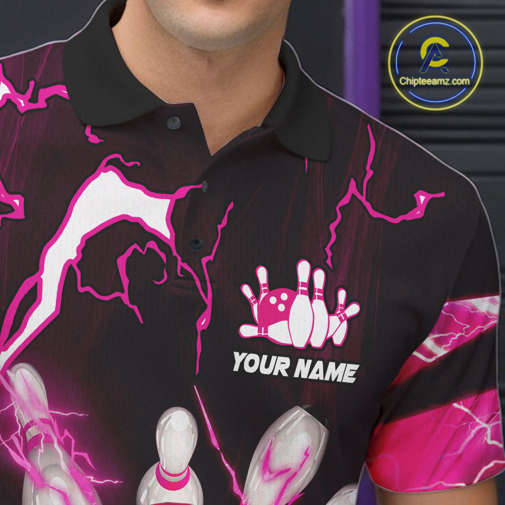 Pink Thunder Lightning bowling ball and pins jerseys Custom Team Bowling Polo, 1/4 Zip Shirts For Men NQS11283