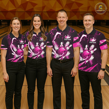 Pink Thunder Lightning bowling ball and pins jerseys Custom Team Bowling Polo, 1/4 Zip Shirts For Men NQS11283