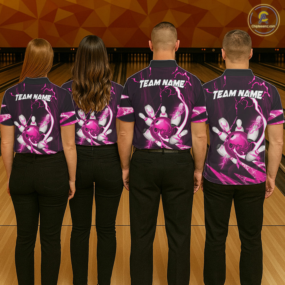 Pink Thunder Lightning bowling ball and pins jerseys Custom Team Bowling Polo, 1/4 Zip Shirts For Men NQS11283