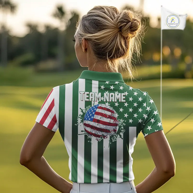 Women golf polo shirts custom Red, white and green American flag ladies golf tops, best golf gifts NQS11487