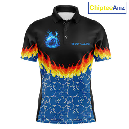 Black and Blue Camo Flame Bowling Polo, 1/4 zip shirts for Men Custom team men's bowling jerseys NQS11492