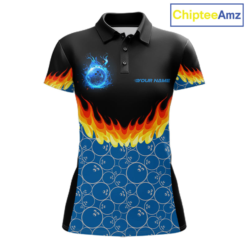 Black and Blue Camo Flame Bowling shirts for Women Custom team ladies bowling league jerseys NQS11492