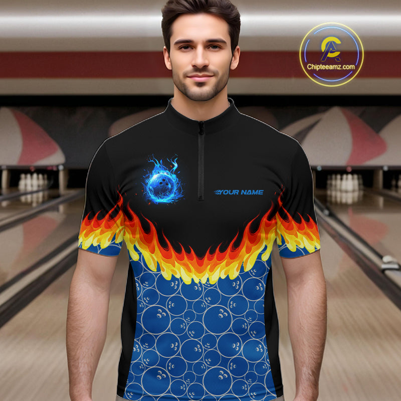 Black and Blue Camo Flame Bowling Polo, 1/4 zip shirts for Men Custom team men's bowling jerseys NQS11492