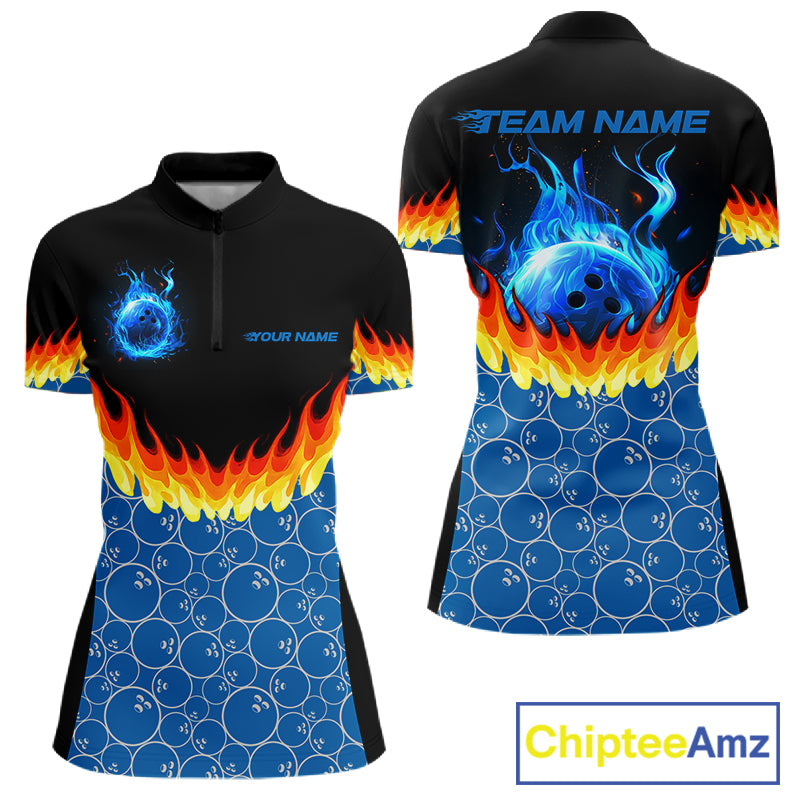 Black and Blue Camo Flame Bowling shirts for Women Custom team ladies bowling league jerseys NQS11492