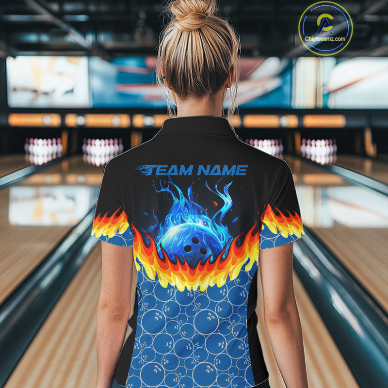 Black and Blue Camo Flame Bowling shirts for Women Custom team ladies bowling league jerseys NQS11492