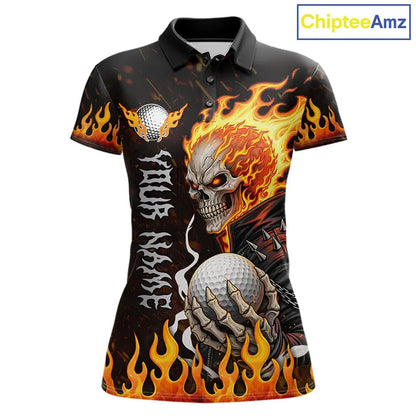 Custom Orange Flame Skull Golf Polo Shirts For Women,  team ladies golf tees cool golf gifts NQS11497