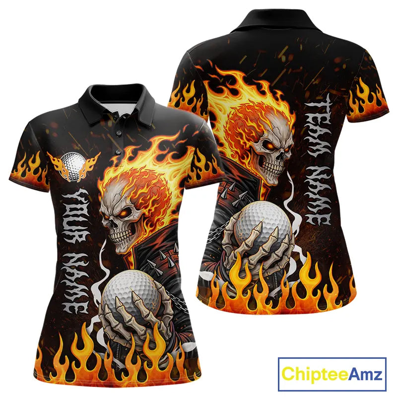 Custom Orange Flame Skull Golf Polo Shirts For Women,  team ladies golf tees cool golf gifts NQS11497