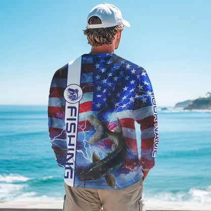 American flag Catfish lightning Long Sleeve Fishing Shirts custom Patriotic Catfish fishing jerseys NQS9560