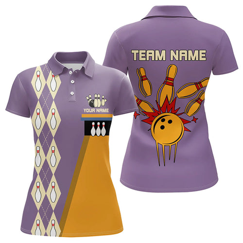 Yellow & Purple Retro Bowling Polo, Quarter Zip shirt for Women Custom vintage team bowling jersey NQS9720