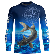 Load image into Gallery viewer, Personalized Catfish Blue Long Sleeve Performance Fishing Shirts, compass Catfish tournament Shirt NQS5984