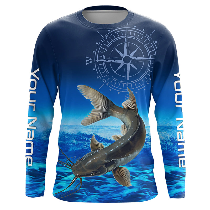 Personalized Catfish Blue Long Sleeve Performance Fishing Shirts, compass Catfish tournament Shirt NQS5984