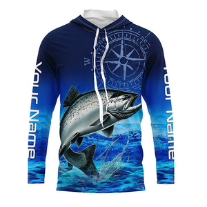 Personalized Chinook salmon Blue Long Sleeve Performance Fishing Shirts, compass tournament Shirts NQS5986