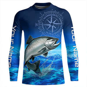 Personalized Chinook salmon Blue Long Sleeve Performance Fishing Shirts, compass tournament Shirts NQS5986