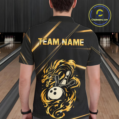 Black and Gold Flame Dragon Bowling Polo, Quarter Zip Shirt for Men Custom Bowling Team League Jersey NQS10904