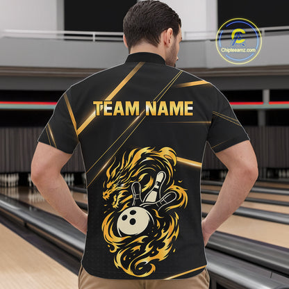 Black and Gold Flame Dragon Bowling Polo, Quarter Zip Shirt for Men Custom Bowling Team League Jersey NQS10904