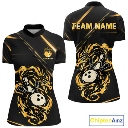 Black and Gold Flame Dragon Bowling Polo, 1/4 Zip Shirt for Women Custom Bowling Team League Jersey NQS10904