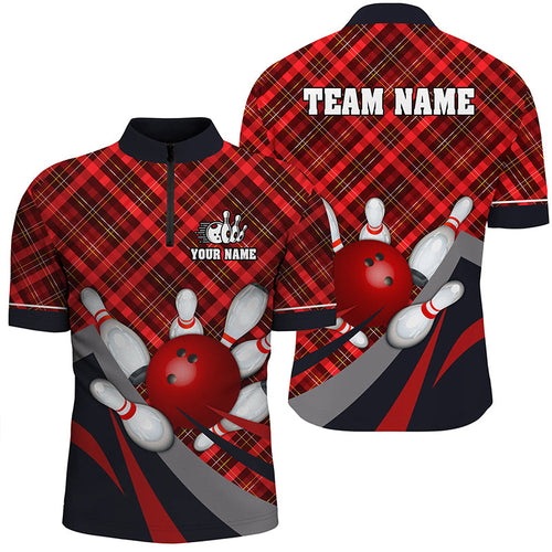 Red Plaid Christmas pattern Bowling shirts For Men Custom Team Bowling Jerseys Xmas Gift For Bowlers NQS8983