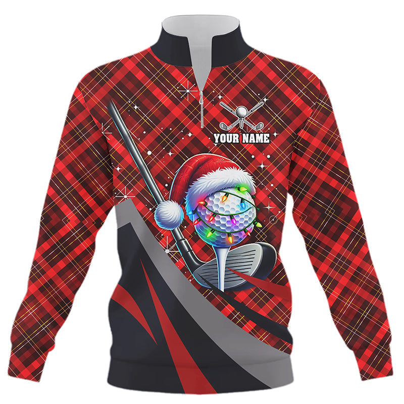 Red Plaid Christmas pattern Golf ball clubs Quarter zip golf sweatshirt custom Xmas golf sweater NQS8984