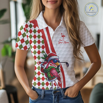 Funny Christmas Flamingo Women golf polo shirt custom red, green and white argyle pattern golf shirts NQS11086