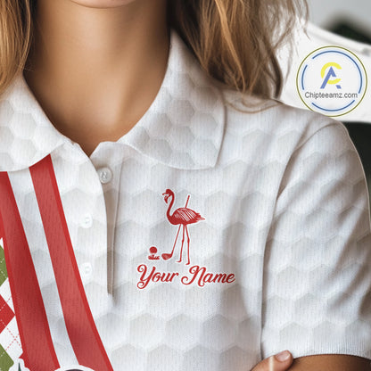 Funny Christmas Flamingo Women golf polo shirt custom red, green and white argyle pattern golf shirts NQS11086