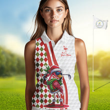 Load image into Gallery viewer, Funny Christmas Flamingo Women sleeveless polos custom red, green and white argyle pattern golf shirt NQS11086