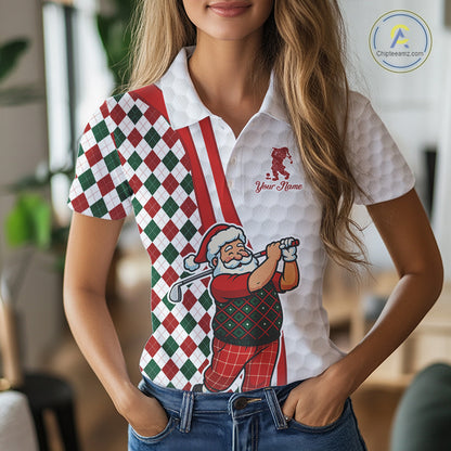 Funny Christmas Santa Golf polo shirt for Women custom red, green and white argyle pattern golf shirt NQS11089