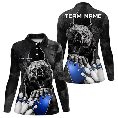 Black Bear grunge pattern Custom Women Bowling Polo, 1/4 Zip Shirt Bowling Team Jerseys Outfits | Blue NQS9407
