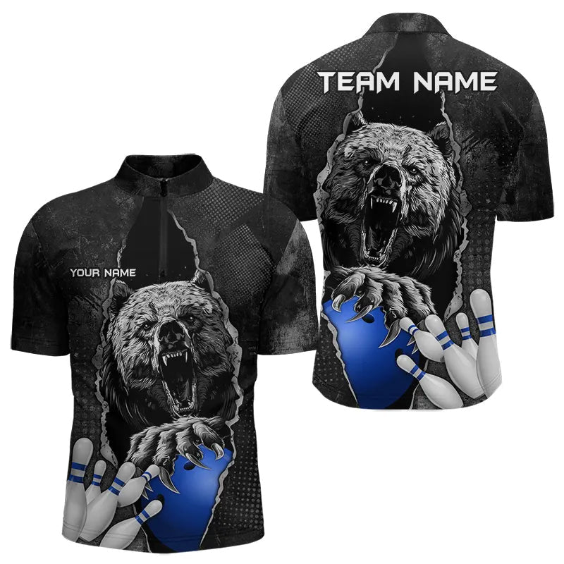 Black Bear grunge pattern Custom Men Bowling Polo, 1/4 Zip Shirts Bowling Team Jerseys Outfits | Blue NQS9407