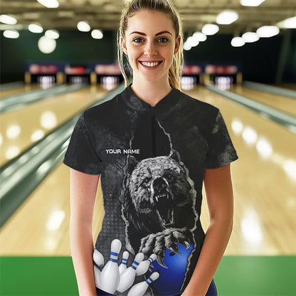 Black Bear grunge pattern Custom Women Bowling Polo, 1/4 Zip Shirt Bowling Team Jerseys Outfits | Blue NQS9407