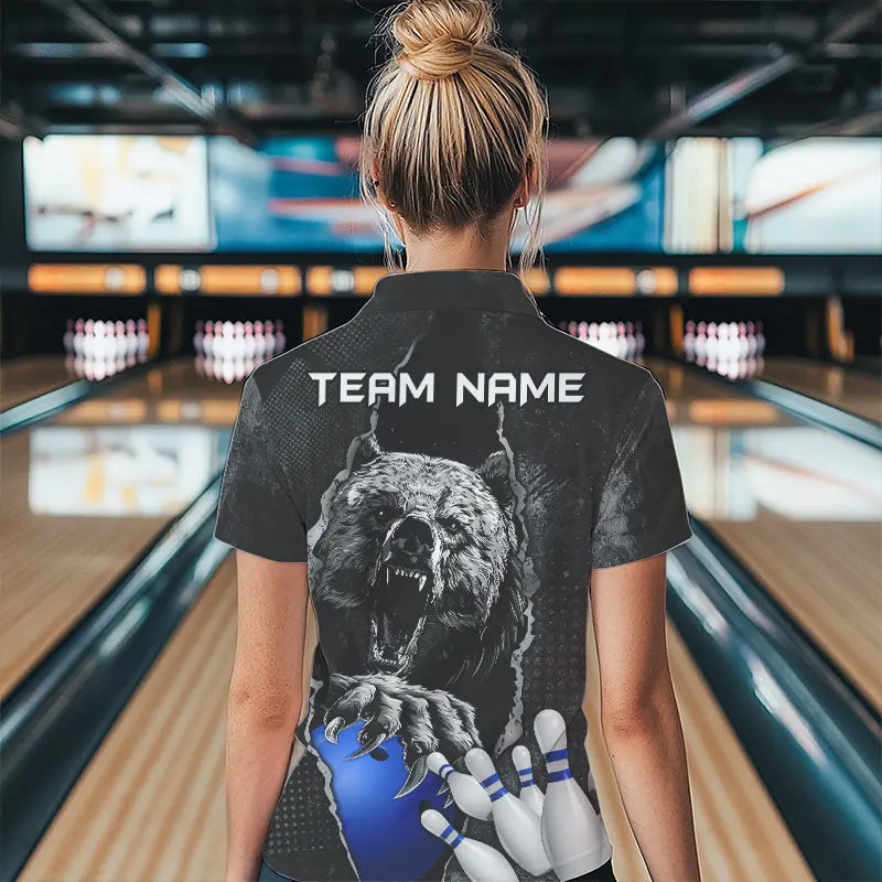 Black Bear grunge pattern Custom Women Bowling Polo, 1/4 Zip Shirt Bowling Team Jerseys Outfits | Blue NQS9407