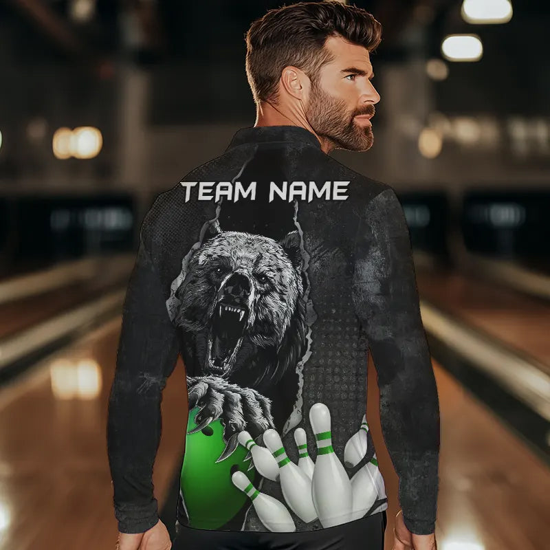 Black Bear grunge pattern Custom Men Bowling Polo, 1/4 Zip Shirts Bowling Team Jerseys Outfits | Green NQS9408