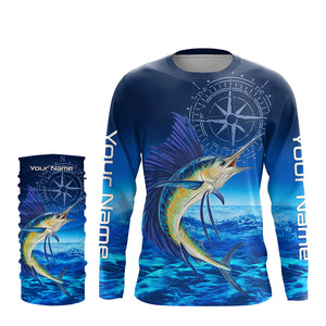 Personalized Sailfish Saltwater Blue Long Sleeve Performance Fishing Shirts, Sailfish tournament Shirt NQS5784