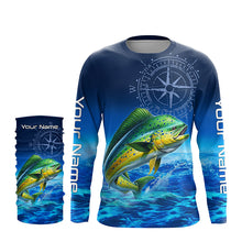 Load image into Gallery viewer, Personalized Mahi mahi Saltwater Blue Long Sleeve Performance Fishing Shirts, Dorado tournament Shirt NQS5785