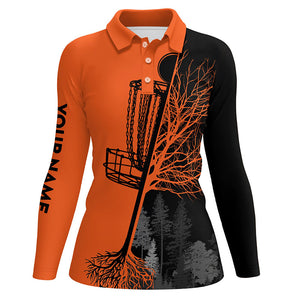 Womens disc golf polo shirts custom black and orange disc golf basket, Halloween disc golf shirts NQS6177