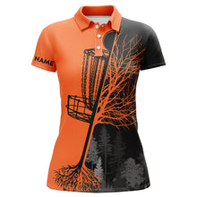 Load image into Gallery viewer, Womens disc golf polo shirts custom black and orange disc golf basket, Halloween disc golf shirts NQS6177