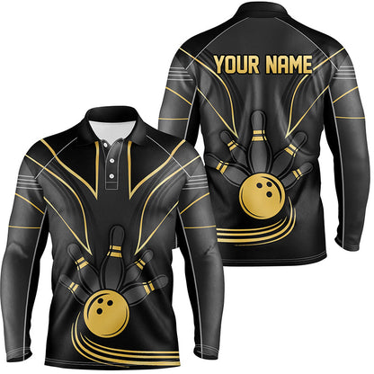 Personalized Men Bowling Polo, Quarter Zip Shirt Black and Gold Men Bowlers Custom Team Bowling Jersey NQS8313